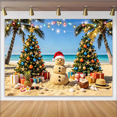 Lofaris Tropical Christmas Beach Backdrop with Sand Snowman and Palm Trees, Festive Photo Background for Holiday Party Decoration