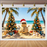 Lofaris Tropical Christmas Beach Backdrop with Sand Snowman, Decorated Trees and Gifts, Holiday Photo Background for Party Decor