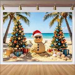 Lofaris Tropical Christmas Beach Backdrop with Sand Snowman, Decorated Trees and Gifts, Holiday Photo Background for Party Decor