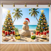 Lofaris Tropical Christmas Beach Backdrop with Sand Snowman and Palm Trees, Festive Holiday Background for Summer Party Decor