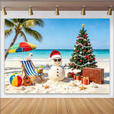 Lofaris Tropical Christmas Beach Backdrop with Sand Snowman and Palm Tree, Festive Holiday Background for Summer Party Decor