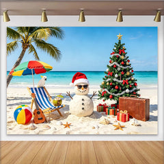 Lofaris Tropical Christmas Beach Backdrop with Sand Snowman and Palm Tree, Festive Holiday Background for Summer Party Decor