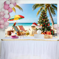 Lofaris Tropical Beach Christmas Backdrop with Snowman and Palm Trees, Festive Holiday Scene Background for Party Decor and Photography.
