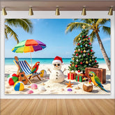 Lofaris Tropical Christmas Backdrop with Snowman, Palm Trees and Gifts, Vibrant Holiday Background for Festive Beach Party Decor