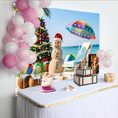 Lofaris Tropical Christmas Backdrop with Sand Snowman and Palm Tree, Vibrant Beach Holiday Background for Summer Party Photography