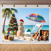 Lofaris Tropical Christmas Backdrop with Sand Snowman and Palm Tree, Vibrant Beach Holiday Background for Summer Party Photography
