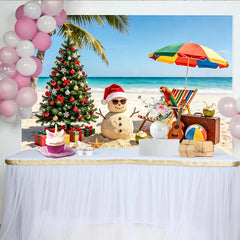 Lofaris Tropical Christmas Beach Backdrop with Sand Snowman and Palm Tree, Holiday Photography Background for Festive Party Decor