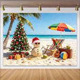 Lofaris Tropical Christmas Beach Backdrop with Sand Snowman and Palm Tree, Holiday Photography Background for Festive Party Decor
