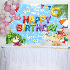 Lofaris Colorful Balloon Letters Pool Party Birthday Backdrop, Tropical Summer Beach Scene Background for Kids Party Decoration