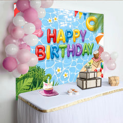 Lofaris Colorful Balloon Letters Pool Party Birthday Backdrop, Tropical Summer Beach Scene Background for Kids Party Decoration