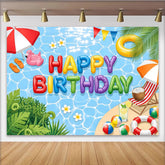 Lofaris Colorful Balloon Letters Pool Party Birthday Backdrop, Tropical Summer Beach Scene Background for Kids Party Decoration