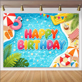 Lofaris Colorful Cartoon Summer Pool Birthday Backdrop with Flamingo Float and Beach Elements, Fun Party Background for Kids Photoshoot