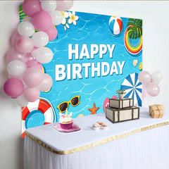 Lofaris Blue Water Summer Birthday Backdrop with Beach Ball and Tropical Leaves, Vibrant Pool Party Background for Kids Photoshoot Decor