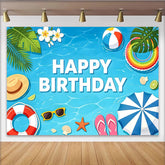 Lofaris Blue Water Summer Birthday Backdrop with Beach Ball and Tropical Leaves, Vibrant Pool Party Background for Kids Photoshoot Decor