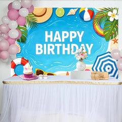 Lofaris Vibrant Summer Beach Birthday Backdrop with Palm Leaves and Ocean, Playful Tropical Party Background for Kids Photoshoot