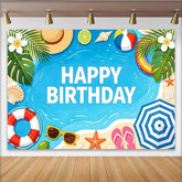 Lofaris Vibrant Summer Beach Birthday Backdrop with Palm Leaves and Ocean, Playful Tropical Party Background for Kids Photoshoot
