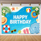 Lofaris Blue Ocean Beach Happy Birthday Backdrop with Palm Leaves and Starfish, Summer Party Photography Background for Kids and Adults
