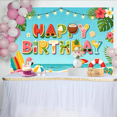 Lofaris Summer Beach Happy Birthday Backdrop with Tropical Elements, Vibrant Ocean Party Photography Background Decor