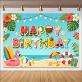 Lofaris Summer Beach Happy Birthday Backdrop with Tropical Elements, Vibrant Ocean Party Photography Background Decor