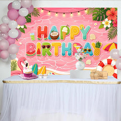 Lofaris Pink Summer Cartoon Birthday Backdrop with Tropical Beach and Flamingo, Vibrant Party Background for Kids Photoshoot