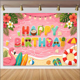 Lofaris Pink Summer Cartoon Birthday Backdrop with Tropical Beach and Flamingo, Vibrant Party Background for Kids Photoshoot