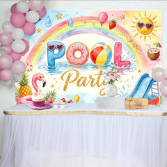 Lofaris Watercolor Pool Party Birthday Backdrop with Rainbow and Flamingo, Summer Water Slide Background for Kids Party Photoshoot.
