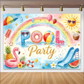 Lofaris Watercolor Pool Party Birthday Backdrop with Rainbow and Flamingo, Summer Water Slide Background for Kids Party Photoshoot.