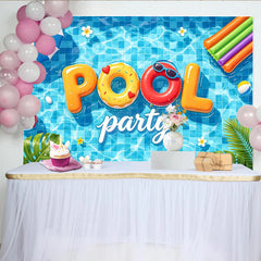 Lofaris Vibrant Blue Summer Pool Party Photography Backdrop, with Inflatable Letters and Tropical Leaves, Fun Celebration Background
