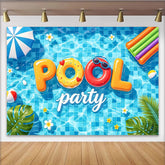 Lofaris Vibrant Blue Summer Pool Party Photography Backdrop, with Inflatable Letters and Tropical Leaves, Fun Celebration Background