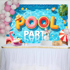 Lofaris Vibrant Blue Pool Party Photography Backdrop with Inflatable Letters and Flamingo, Summer Fun Background for Kids and Adults