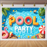 Lofaris Vibrant Blue Pool Party Photography Backdrop with Inflatable Letters and Flamingo, Summer Fun Background for Kids and Adults
