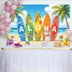 Lofaris Tropical Aloha Surfboard Photography Backdrop with Palm Trees, Vibrant Summer Beach Background for Luau Party Decor and Photoshoot