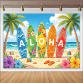 Lofaris Tropical Aloha Surfboard Photography Backdrop with Palm Trees, Vibrant Summer Beach Background for Luau Party Decor and Photoshoot
