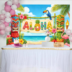 Lofaris Vibrant Aloha Tropical Photography Backdrop with Tiki Totems and Palm Trees, Beach Scene Background for Luau Party Decoration