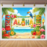 Lofaris Vibrant Aloha Tropical Photography Backdrop with Tiki Totems and Palm Trees, Beach Scene Background for Luau Party Decoration