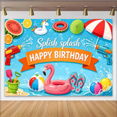 Lofaris Splish Splash Summer Pool Party Birthday Backdrop with Water Guns and Floats, Vibrant Photography Background for Kids Celebration