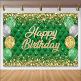 Lofaris Emerald Green Tufted Happy Birthday Backdrop with Gold Glitter Balloons, Luxurious Party Background for Photo Booth Decor