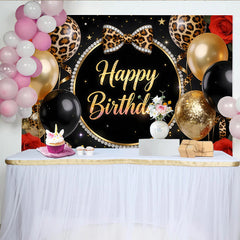 Lofaris Black Gold Leopard Print Happy Birthday Backdrop with Balloons, Elegant Party Decor for Women Girls Birthday Celebration