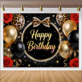 Lofaris Black Gold Leopard Print Happy Birthday Backdrop with Balloons, Elegant Party Decor for Women Girls Birthday Celebration