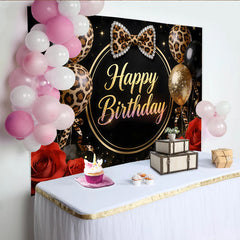 Lofaris Elegant Black and Gold Leopard Print Birthday Backdrop, Glitter Balloons and Red Roses Photo Background for Women