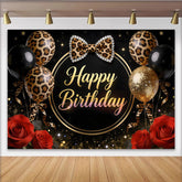Lofaris Elegant Black and Gold Leopard Print Birthday Backdrop, Glitter Balloons and Red Roses Photo Background for Women