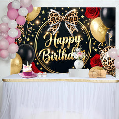 Lofaris Leopard Print Black and Gold Birthday Backdrop with Red Roses and Balloons, Glitter Party Background for Women and Girls Photoshoot