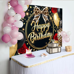 Lofaris Leopard Print Black and Gold Birthday Backdrop with Red Roses and Balloons, Glitter Party Background for Women and Girls Photoshoot