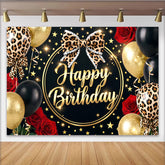 Lofaris Leopard Print Black and Gold Birthday Backdrop with Red Roses and Balloons, Glitter Party Background for Women and Girls Photoshoot