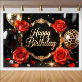 Lofaris Black and Gold Happy Birthday Backdrop with Red Roses and Balloons, Elegant Leopard Print Party Background for Women Photography