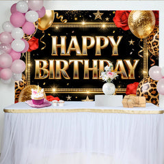 Lofaris Black and Gold Leopard Print Birthday Backdrop with Balloons and Roses, Elegant Party Background for Women and Girls Photoshoot