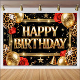 Lofaris Black and Gold Leopard Print Birthday Backdrop with Balloons and Roses, Elegant Party Background for Women and Girls Photoshoot