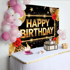 Lofaris Elegant Black and Gold Happy Birthday Backdrop with Glitter Balloons, Leopard Print Party Decor and Photo Booth Background