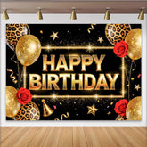 Lofaris Elegant Black and Gold Happy Birthday Backdrop with Glitter Balloons, Leopard Print Party Decor and Photo Booth Background