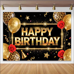 Lofaris Elegant Black and Gold Happy Birthday Backdrop with Glitter Balloons, Leopard Print Party Decor and Photo Booth Background